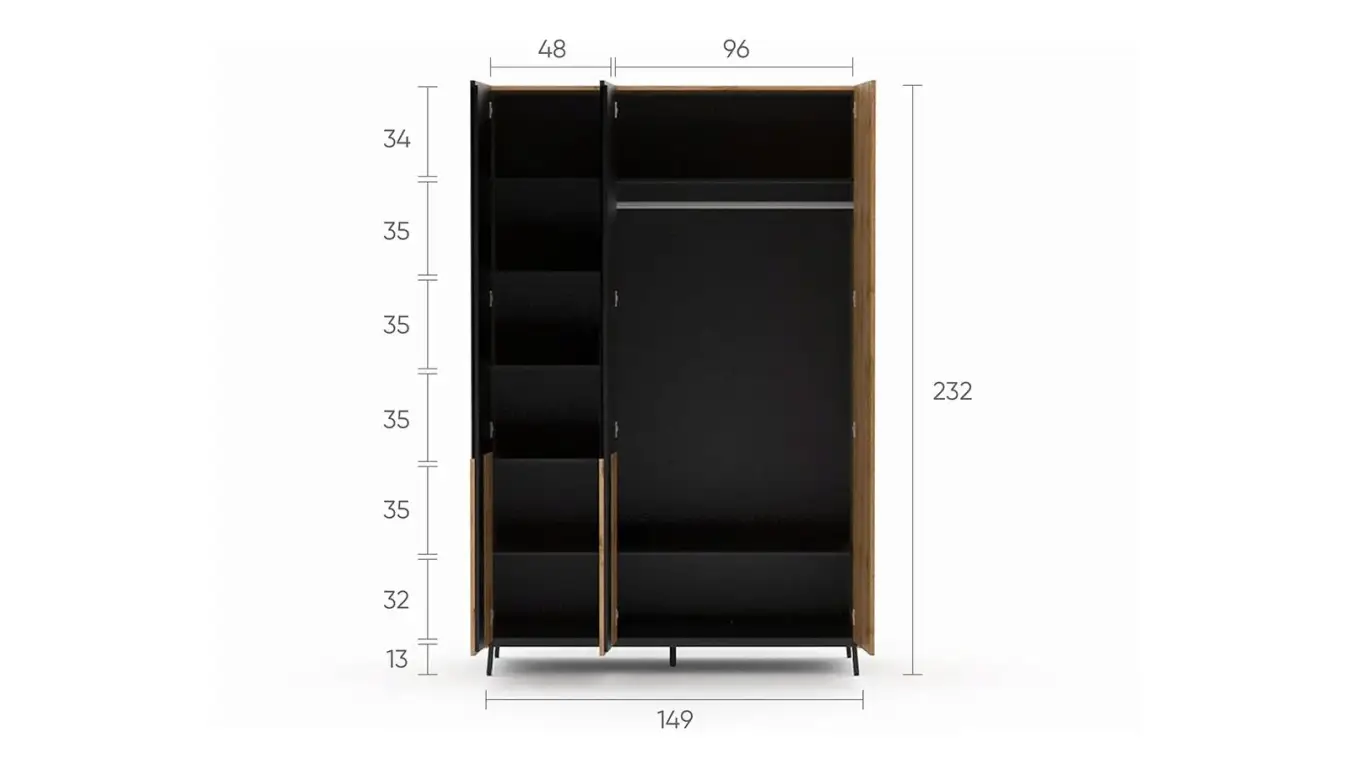 Шкаф трехдверный Ileksa, цвет Дуб Натюрель + Черный Графит фото - 5 - большое изображение